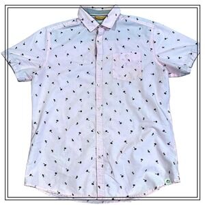 FREE PLANET Mens Pink Palm Tree Hula Girl Tropical Print Button Down Shirt L